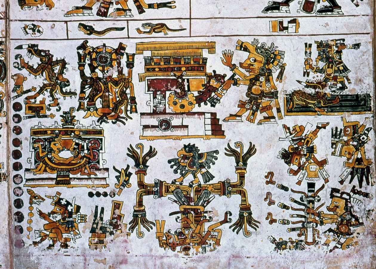 Detail van een facsimile kopie van een pagina van de Codex Borgia die de vier richtingen en het centrum toont (kleur litho) door Hippolyte Lalaise Devéria