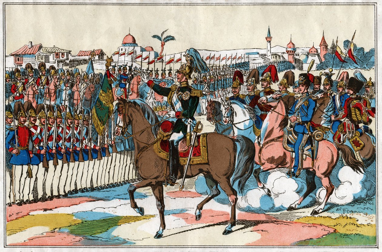 Keizer Alexander II inspecteert zijn troepen voor de oorlogsverklaring aan Turkije door . .