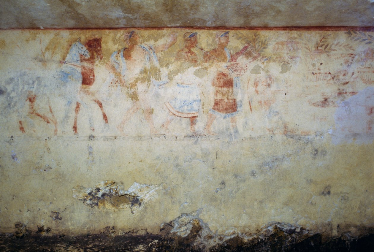 Begrafenisstoet met dansers en muzikanten, fresco, Tombe van Blauwe Demonen, Necropolis van Tarquinia, Lazio, Italië, Etruskische beschaving, 5e eeuw v.Chr. door Georg Carl Heinrich Dollmann