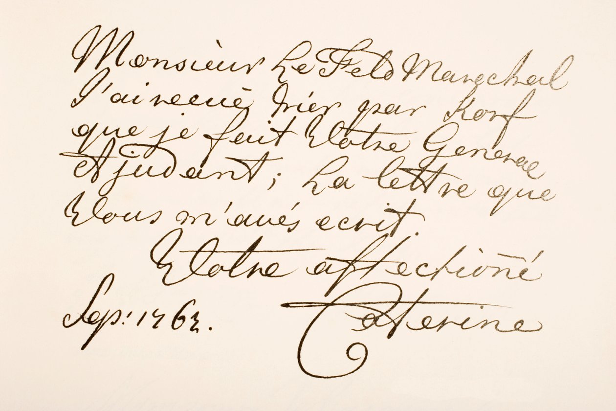 Handschriftvoorbeeld van keizerin Catharina II van Rusland, bekend als Catharina de Grote door Ferdinand Georg Waldmuller