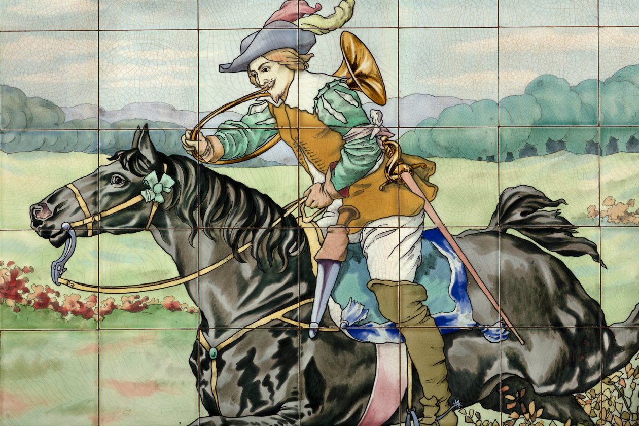 Interieur, tegelpaneel, schilder Furcy Ernest Tondeur, uitvoerder Boch Frères La Louvière, tweede paneel toont jachtscène met galopperende ruiter met jachthoorn door . .