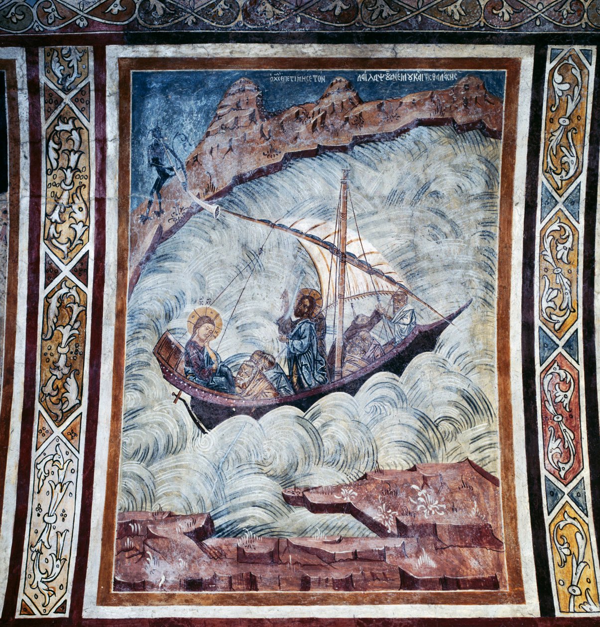 Jezus kalmeert de storm, fresco op gewelf van kerk van Thari klooster, Rhodos eiland, Griekenland door Georg Carl Heinrich Dollmann