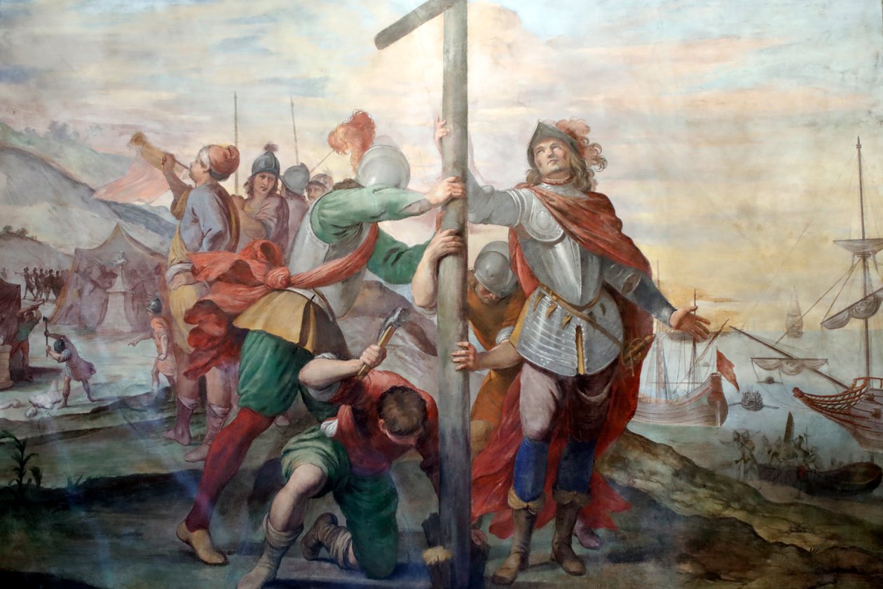 Landing van Christoffel Columbus. Fresco. Palazzo Fieschi-Crosa Di Vergagni. Genua. Italië door . .