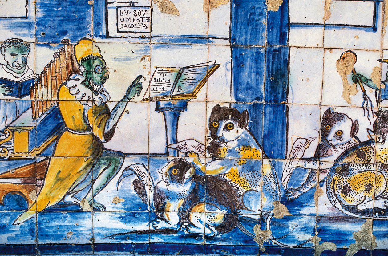 Muziekles, met antropomorfe katten en muizen, azulejos tegels, tuinen van Paleis van Markies de Fronteira door William Walcutt