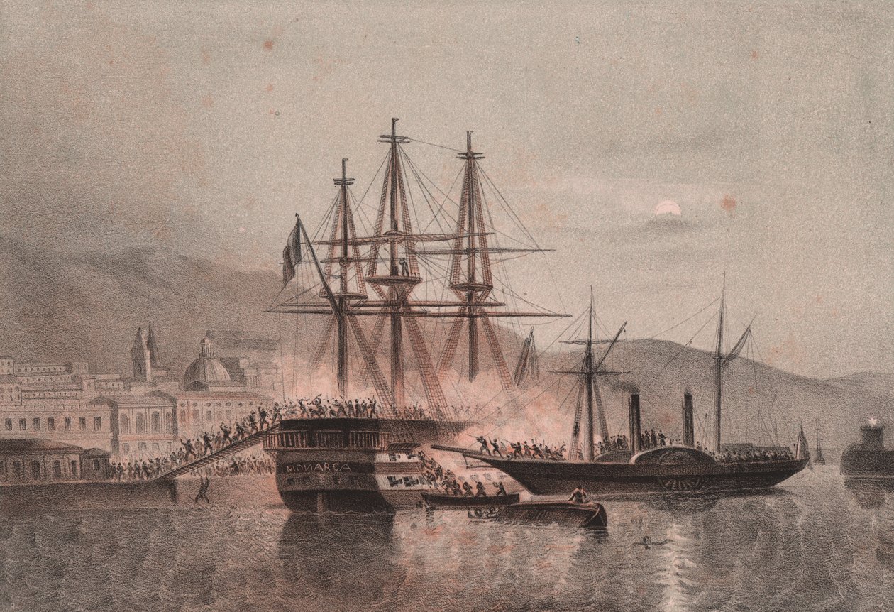 Napolitaans schip Monarca aangevallen door Tuckery, in de haven van Castellammare door William Walcutt