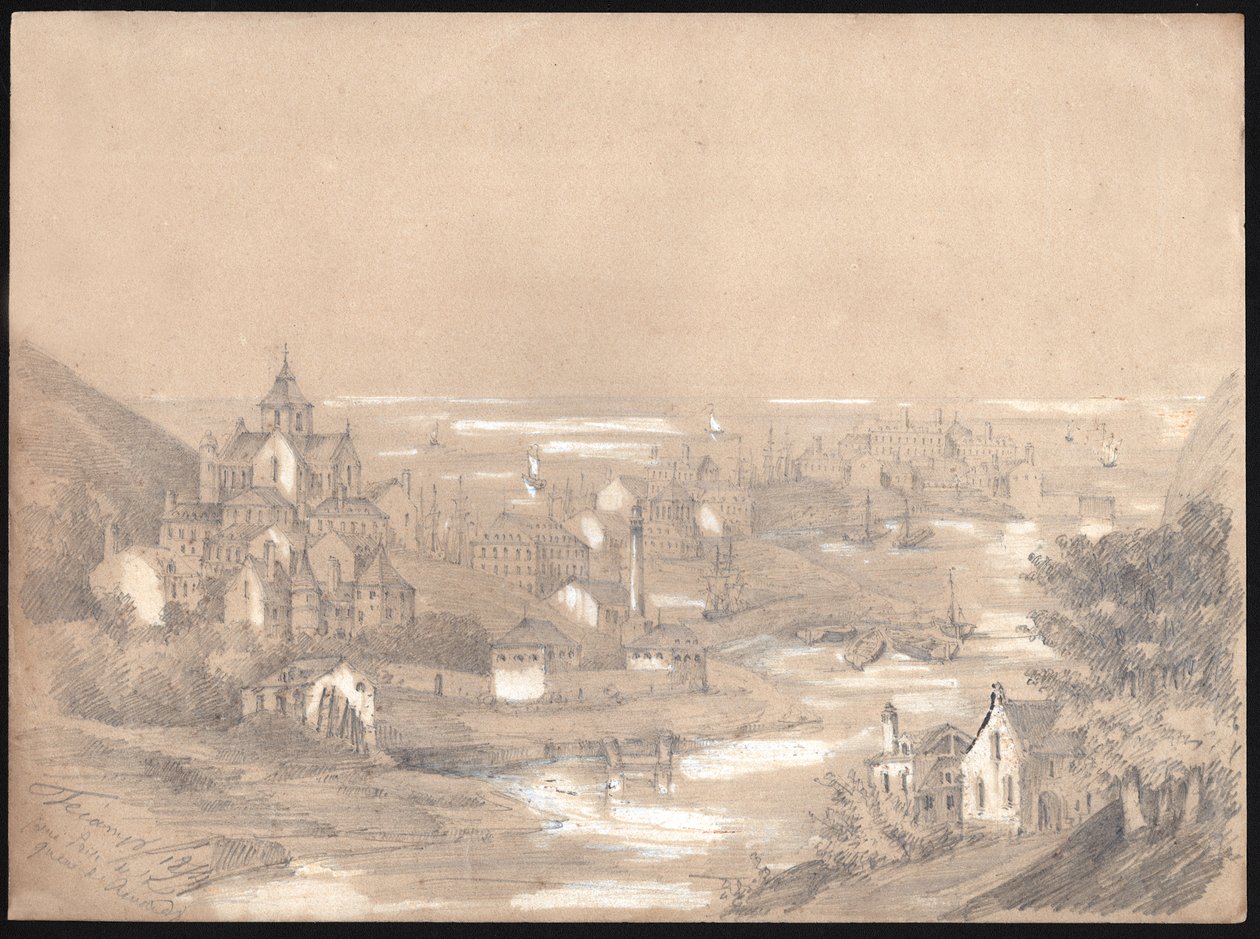 Panorama van de stad Fecamp, Normandië. 1841 (tekening) door . .