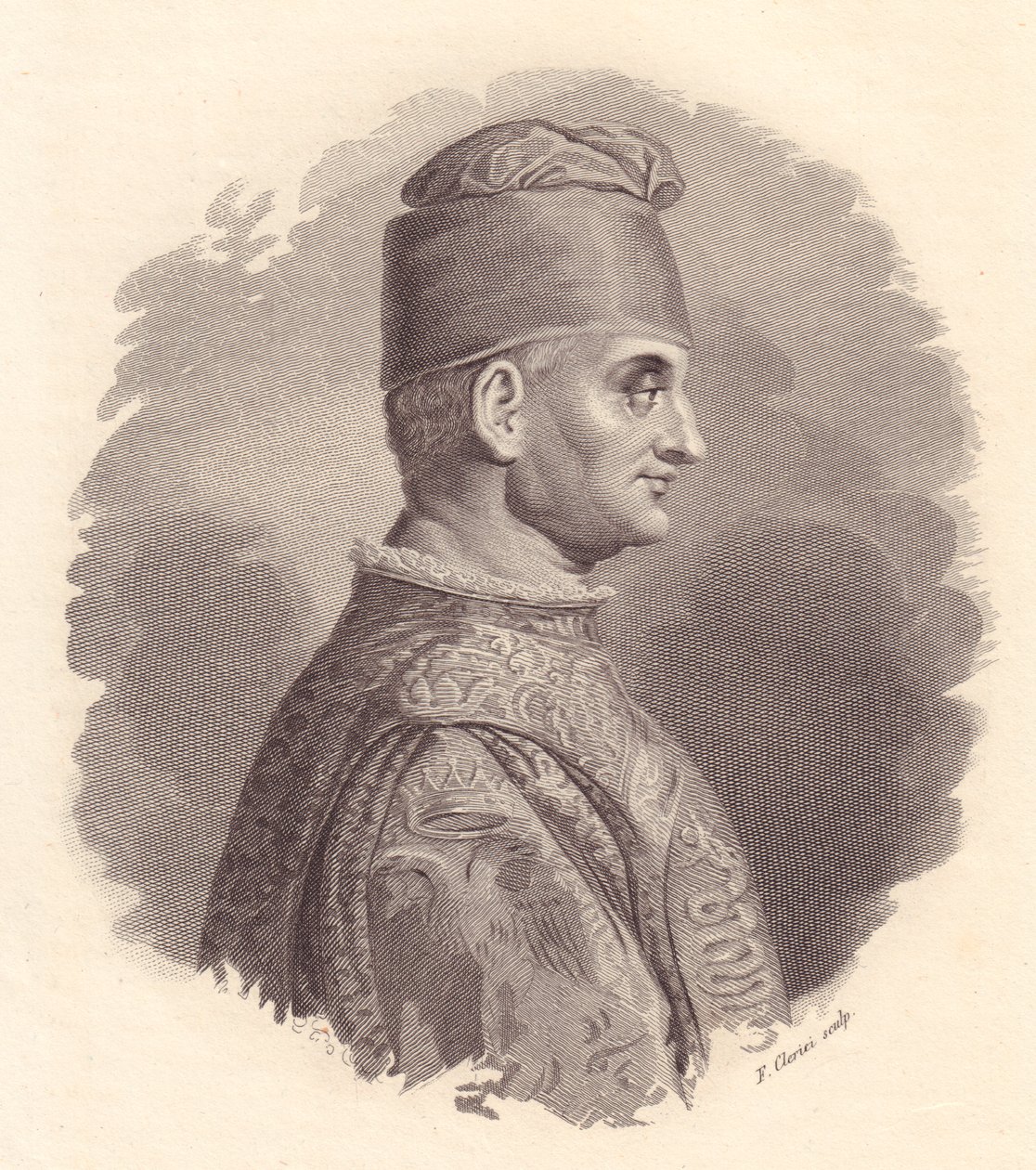 Portret van hertog van Milaan, Filippo Maria Visconti (1392-1447), kopergravure door F Clerici naar portret gepubliceerd door Antonio Campo door William Walcutt