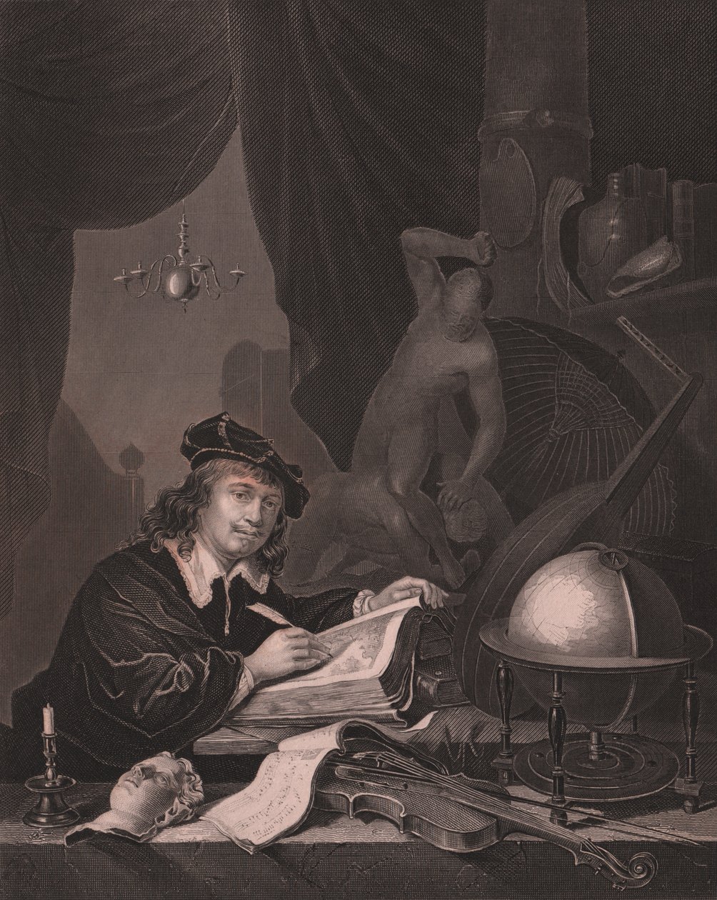 Portret van de Nederlandse schilder Gerrit Dou, gravure door Albert Henry Paine naar schilderij van Gerrit Dou, uit Payne