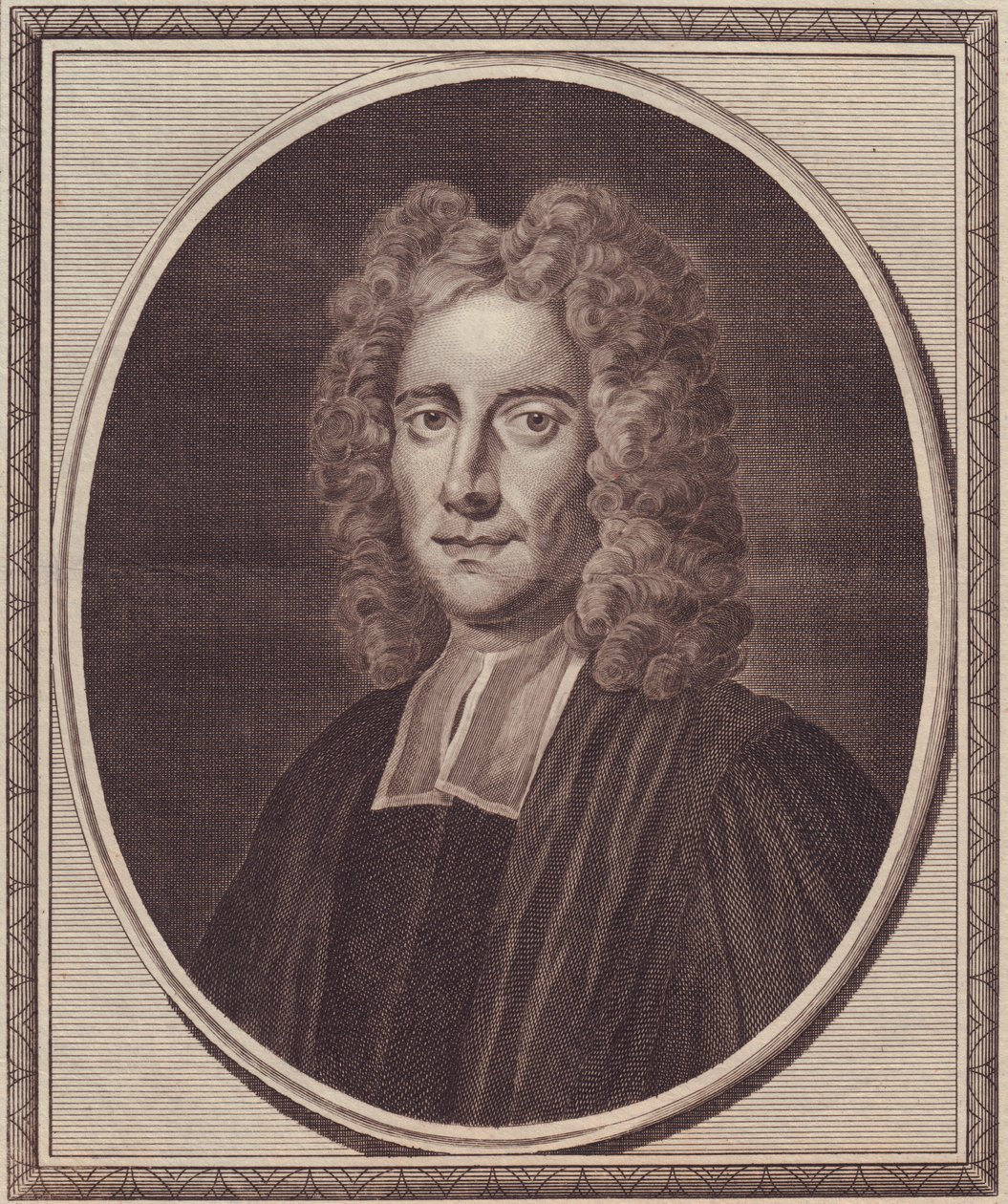 Portret van de Engelse filosoof Samuel Clarke, kopergravure door John Goldar naar schilderij van Gibson door William Walcutt