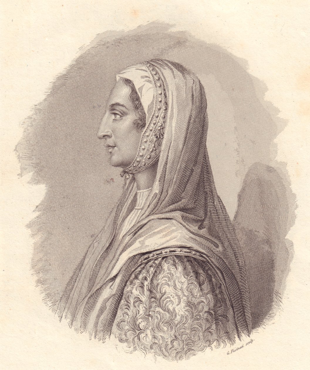 Portret van Italiaanse edelvrouw Beatrice Lascaris di Tenda (1372-1418), kopergravure door G Fusinati naar portret gepubliceerd door Antonio Campo door William Walcutt