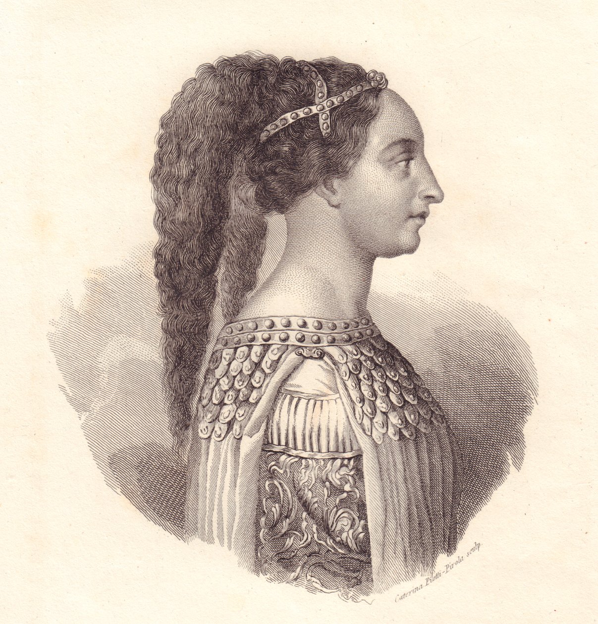 Portret van Italiaanse edelvrouw Isotta degli Atti (circa 1432-1474), kopergravure door Caterina Piotti-Pirola door William Walcutt