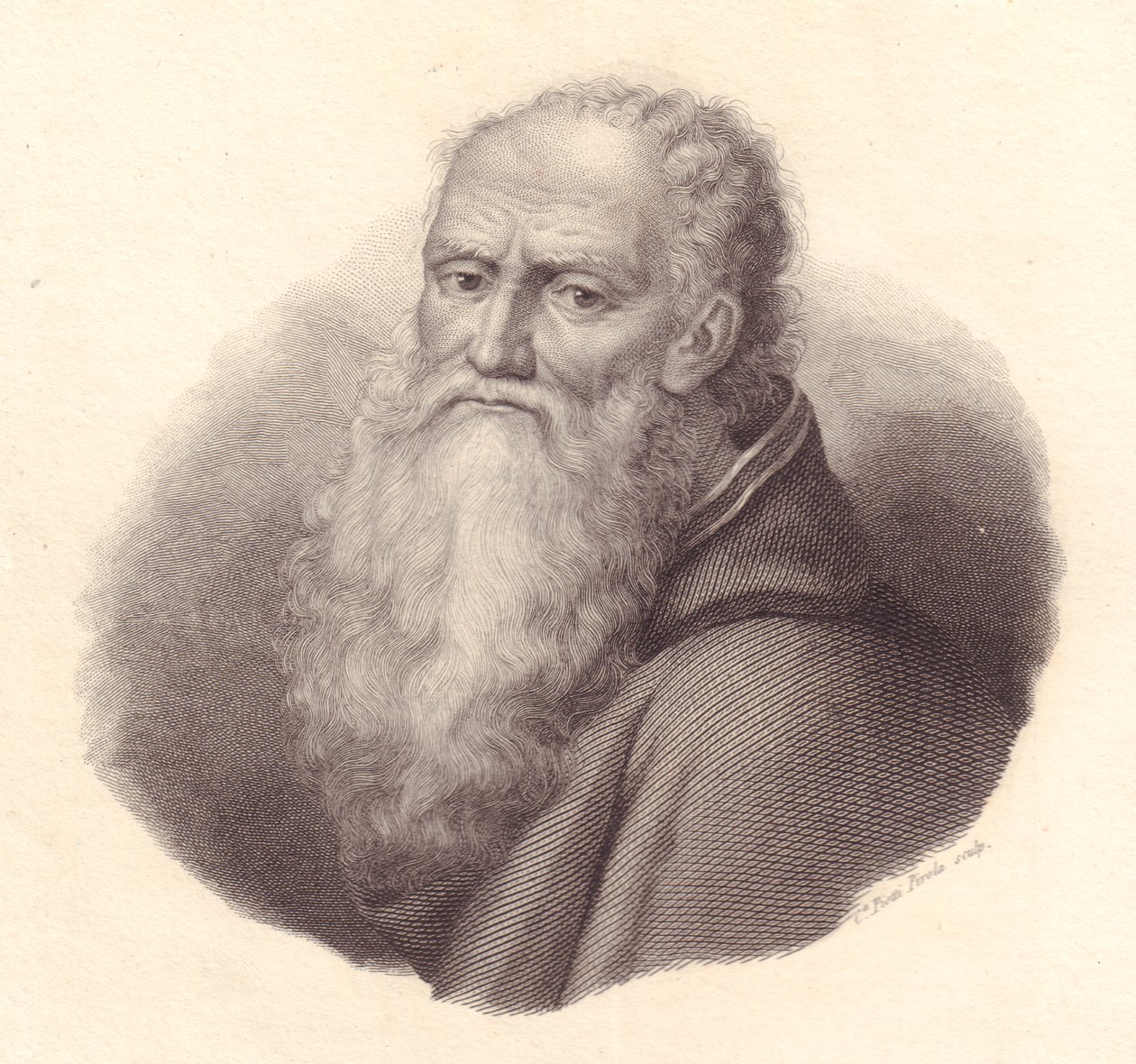 Portret van Italiaanse schilder Bernardino Luini (circa 1481-1532), kopergravure door Caterina Piotti-Pirola naar zelfportret van Luini door William Walcutt