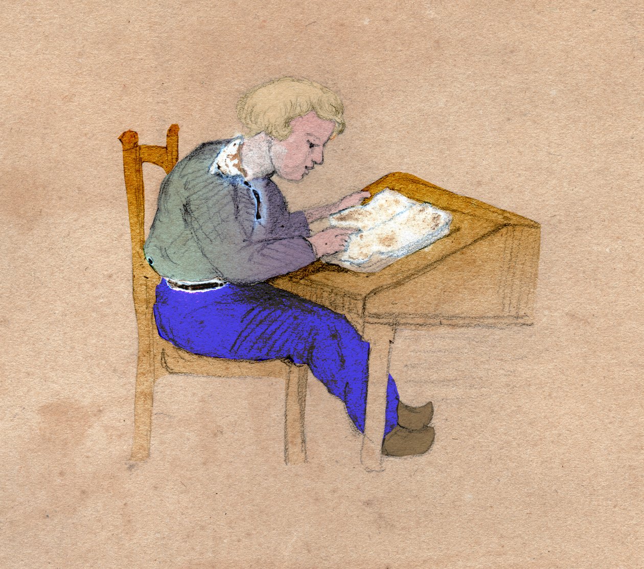 Schooljongen aan het werk aan zijn bureau door . .