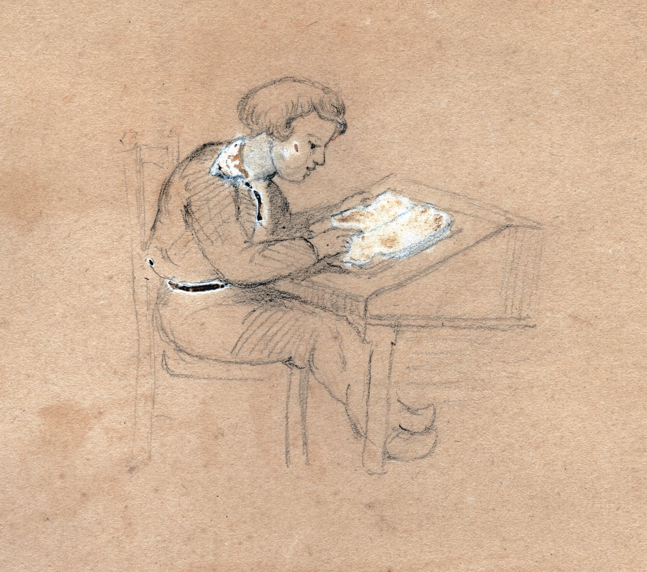 Schooljongen aan het werk aan zijn bureau, ca. 1830 door . .