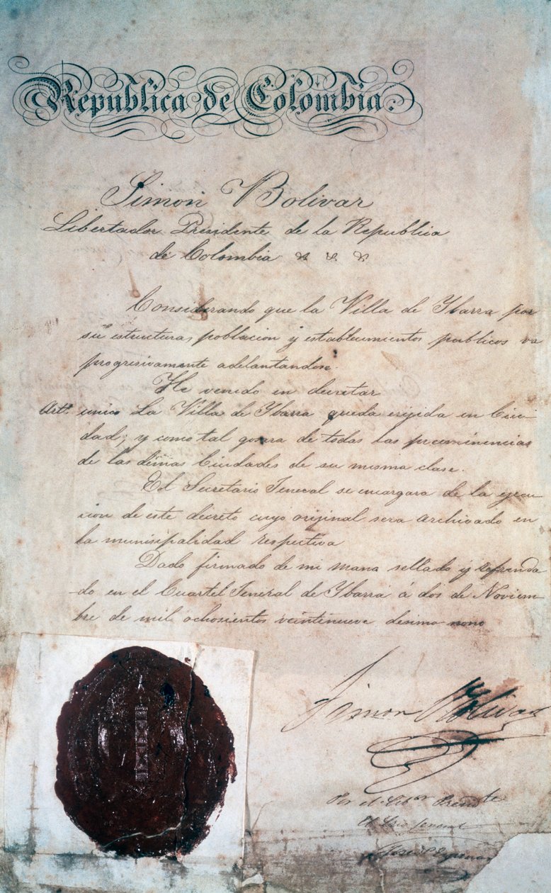 De daad waarmee Simon Bolivar de stad San Miguel de Ibarra tot hoofdstad van de omliggende provincie verklaarde, destijds onderdeel van Groot-Colombia (nu Ecuador), 2 november door Georg Carl Heinrich Dollmann