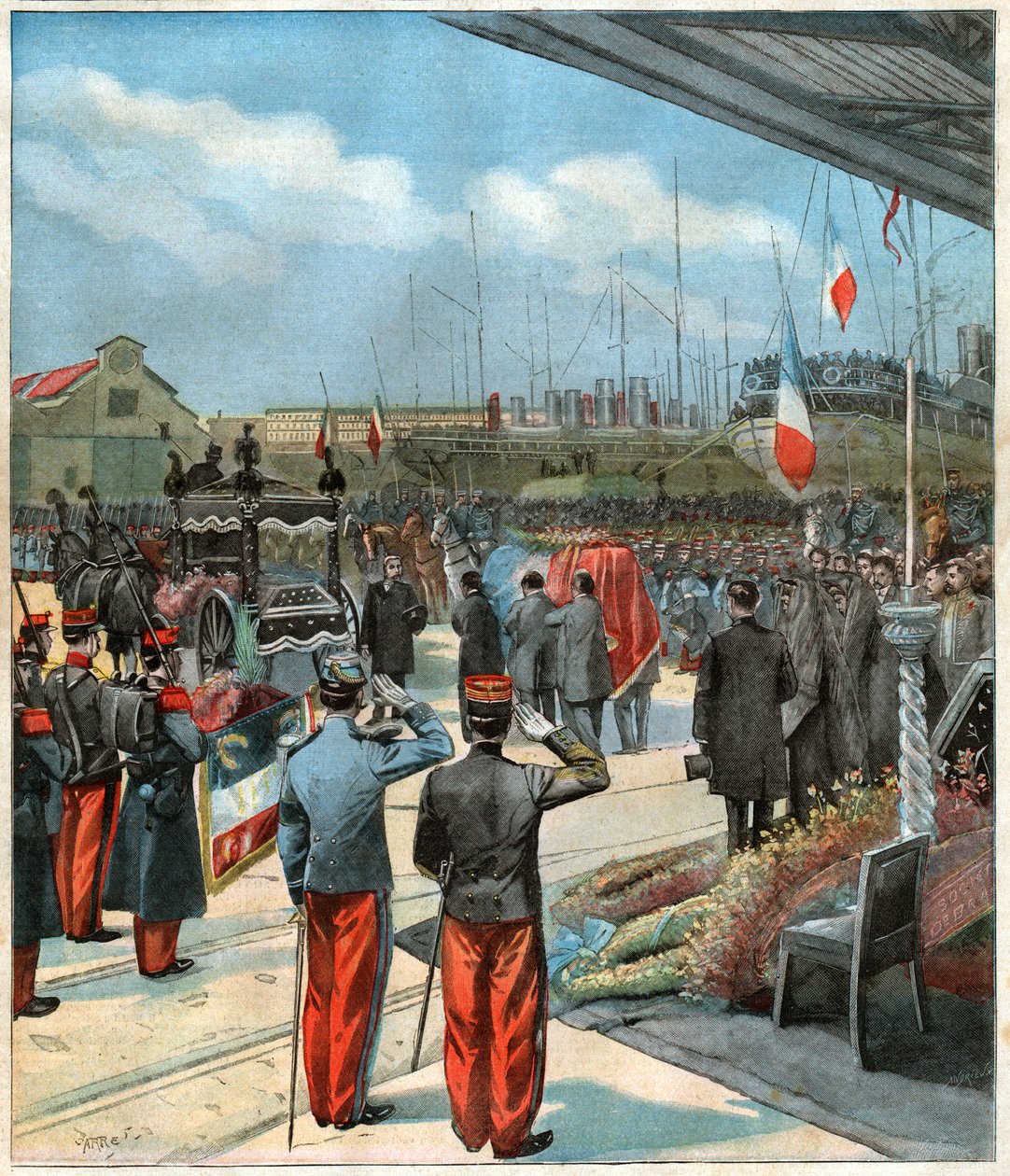 Het lichaam van de Franse ontdekkingsreiziger Pierre Savorgnan de Brazza gerepatrieerd van Dakar (Senegal) naar Parijs (illustratie) door John Pardon