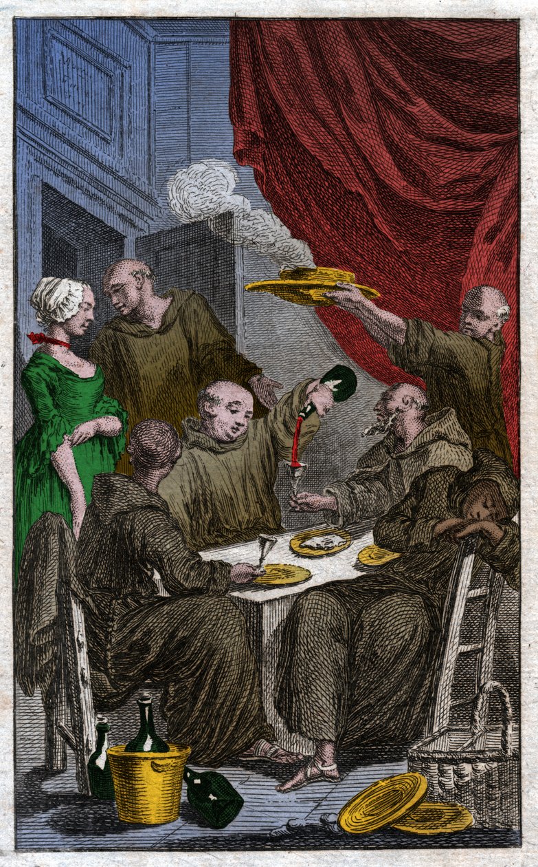 Het feest van monniken die kloosterregels overtreden. Ze drinken wijn, flirten met de dienstmeisjes. 18e eeuw (gravure) door . .