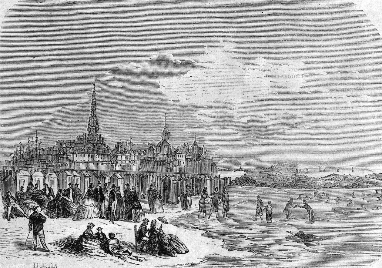 Uitzicht op baders op het strand van Saint Malo door . .