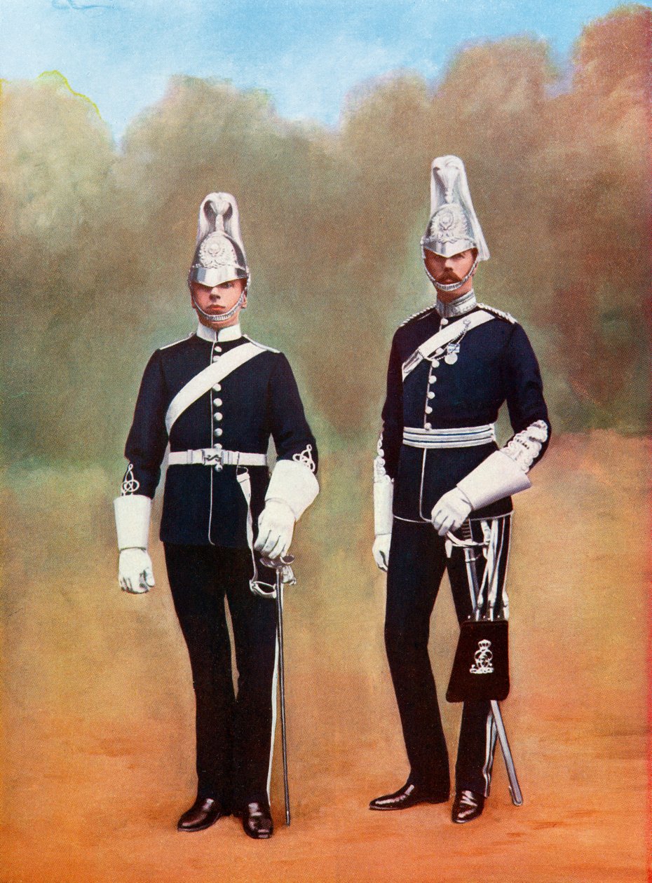 Yorkshire Dragoons, Officier en Soldaat, uit Picturesque History of Yorkshire, gepubliceerd ca. 1900 door Ferdinand Georg Waldmuller