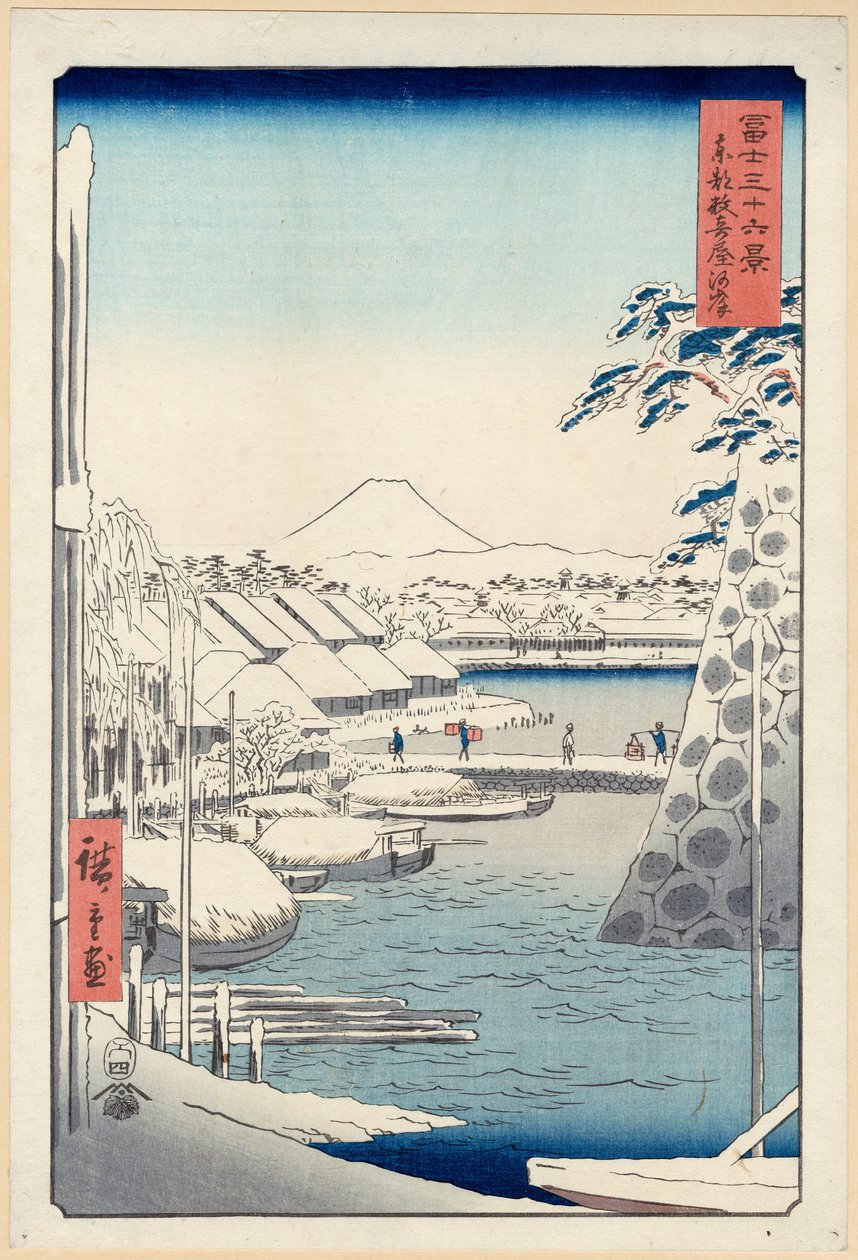 Oever van de rivier bij Sukiya in Edo (Tōto Sukiya-gashi), uit de serie Zesendertig gezichten op de berg Fuji door Hiroshige