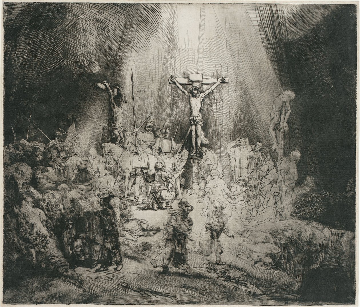 Christus gekruisigd tussen de twee dieven (De drie kruisen) door Rembrandt van Rijn