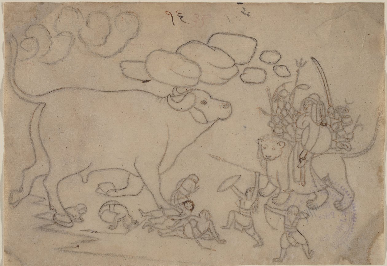Durga Confronteert de Buffeldemon Mahisha: Scène uit de Devi Mahatmya door a first generation master after Nainsukh