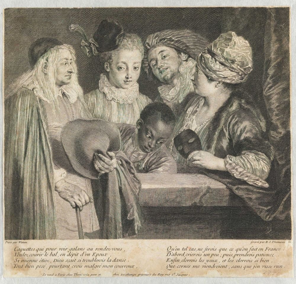 Coquettes die galans bij de afspraak willen zien door Jean Antoine Watteau