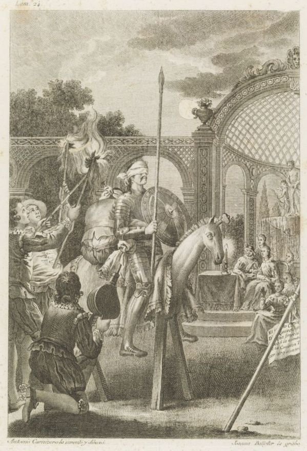 Miguel de Cervantes Saavedra in El Ingenioso Hidalgo Don Quixote de la Mancha door after Antonio Carnicero