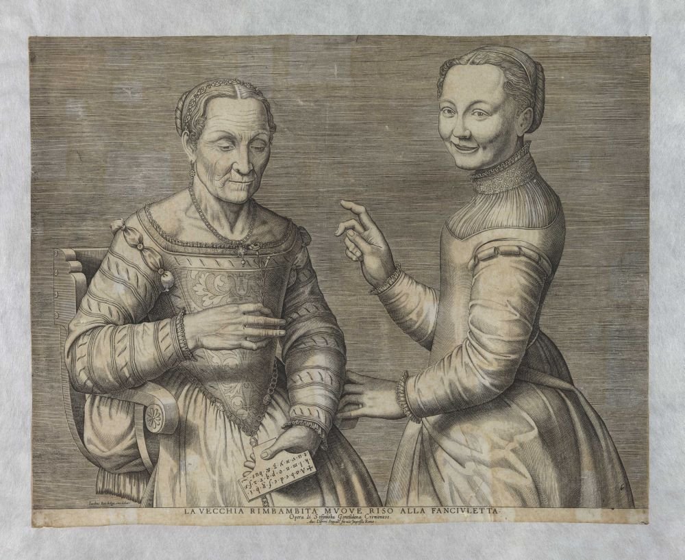 Oude vrouw en lachend meisje door after Sofonisba Anguissola