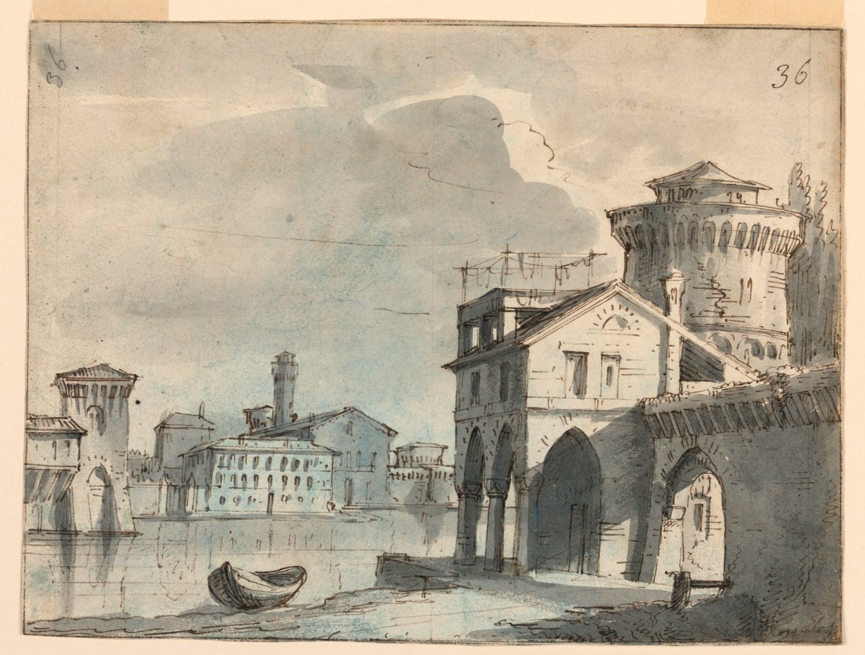 Toneelontwerp, Gebouwen aan de Rivieroever door after Alessandro Sanquirico