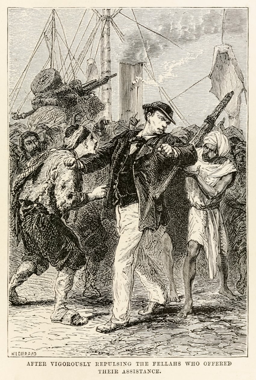 Na het krachtig afwijzen van de fellahs die hun hulp aanboden, uit De Reis om de Wereld in Tachtig Dagen door Jules Verne (1828-1905), gegraveerd door Henri-Théophile Hildebrand (1824-1897) 1873 (gravure) door after Alphonse Marie de Neuville