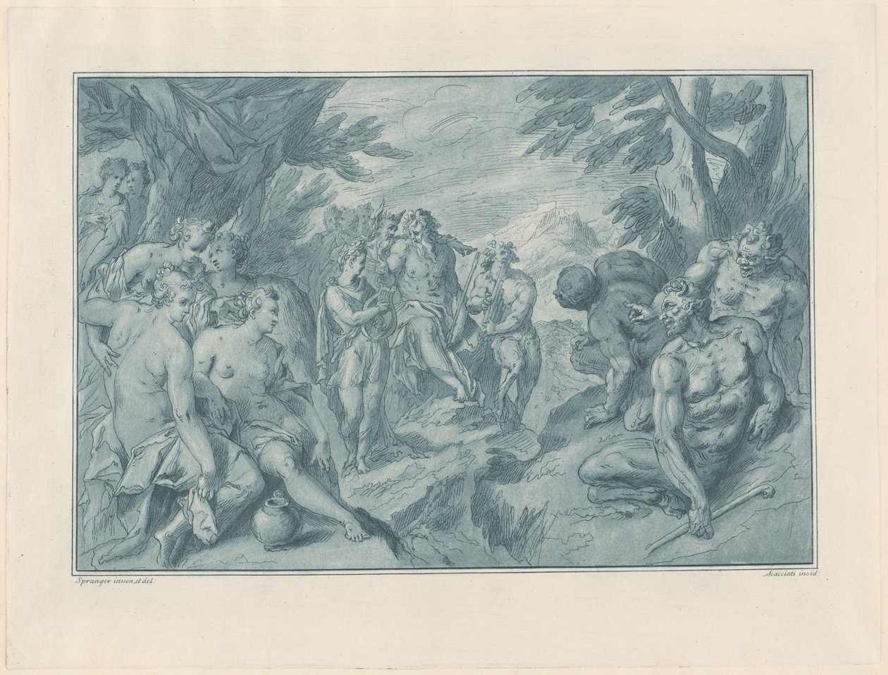 De muzikale wedstrijd tussen Apollo en Pan door after Bartholomaeus Spranger Andrea Scacciati