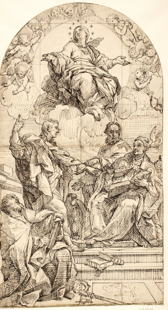 De onbevlekte ontvangenis met de heiligen Johannes de Evangelist, Gregorius de Grote, Johannes Chrysostomus en Augustinus door after Carlo Maratti