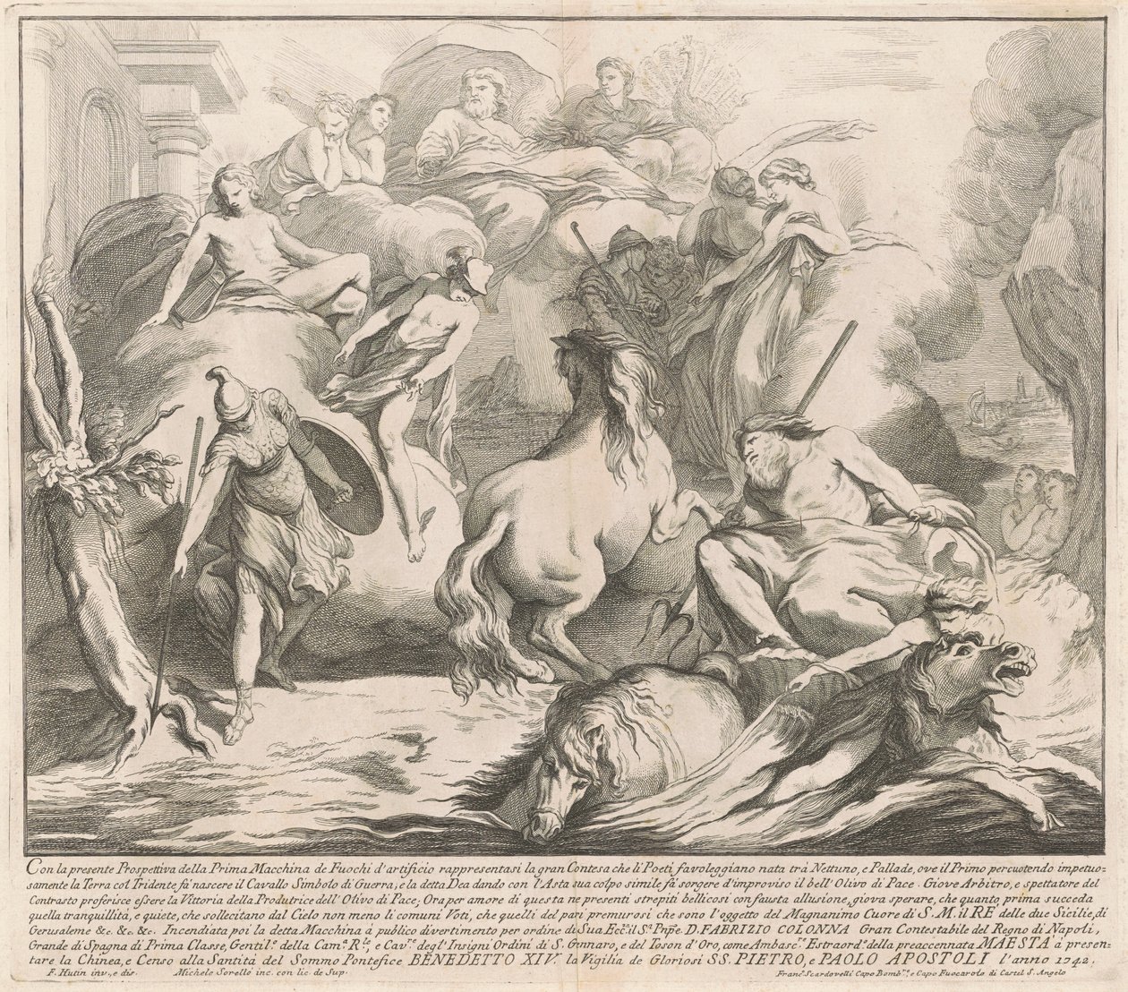 De Prima Macchina voor de Chinea van 1742: De strijd tussen Neptunus en Minerva door after François Hutin Miguel de Sorellò