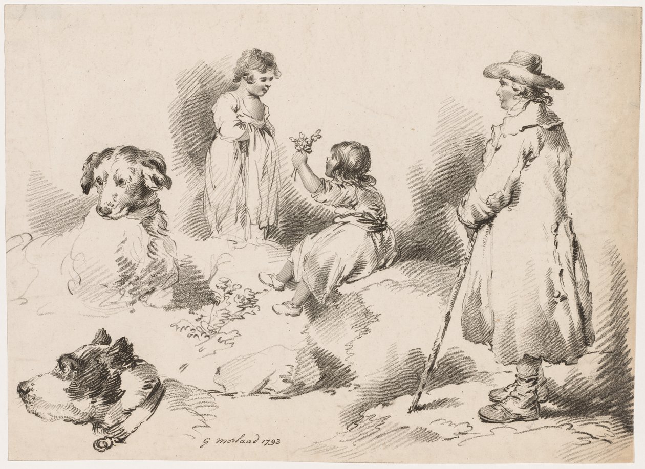 Studies van Kinderen (Twee Kleine Meisjes); Twee Honden; Een Man door after George Morland