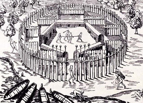Een Guarani-dorp, uit Gottfrieds Historia Antipodum, gepubliceerd in 1655, uit The Romance of the River Plate, Vol. I, door W. H. Koebel, 1914 door after German School