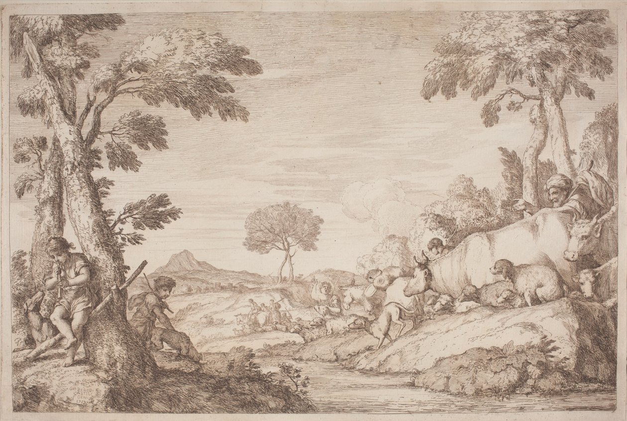 Een pastorale reis met een jongen die bij een boom op zijn fluit speelt door after Giovanni Benedetto Castiglione Gaetano Zompini