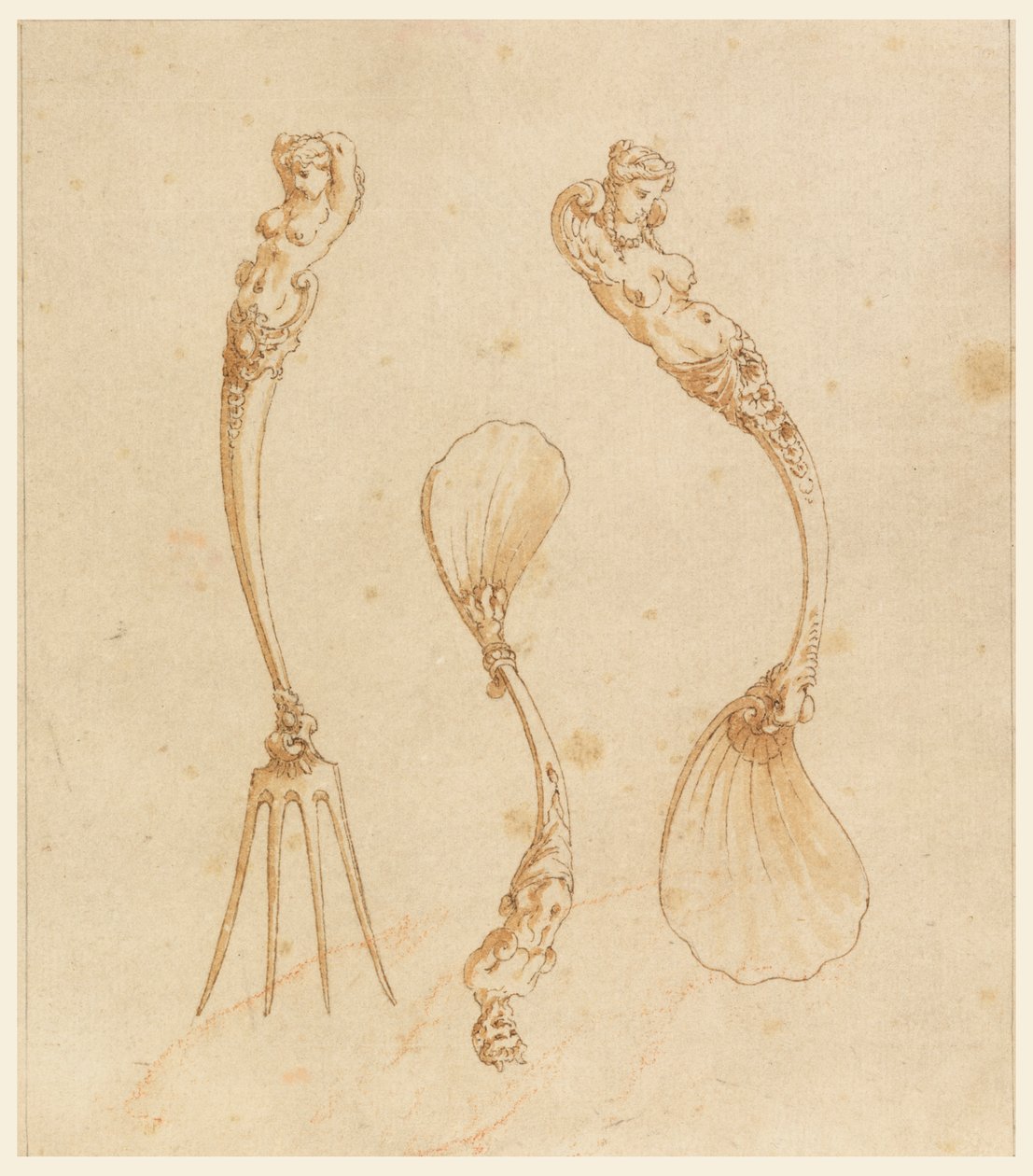 Ontwerp voor een vork en twee lepels door after Giulio Romano