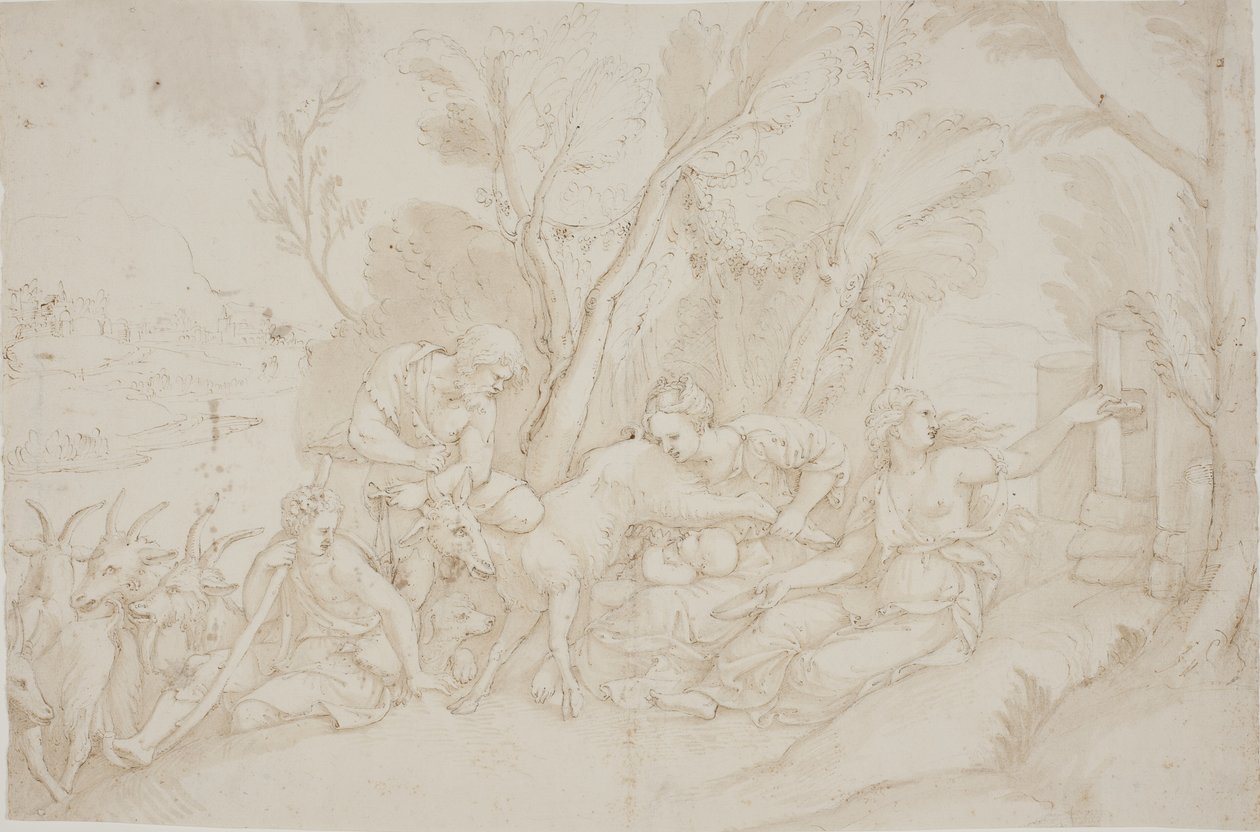 Jupiter gezoogd door de geit Amalthea door after Giulio Romano
