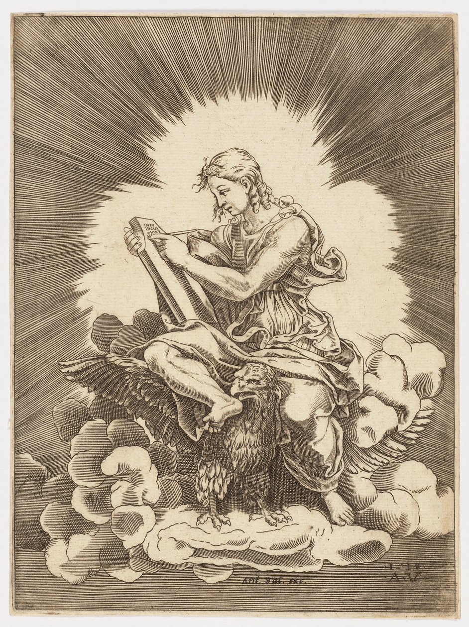 Sint Jan, schrijvend, zittend op een adelaar door after Giulio Romano