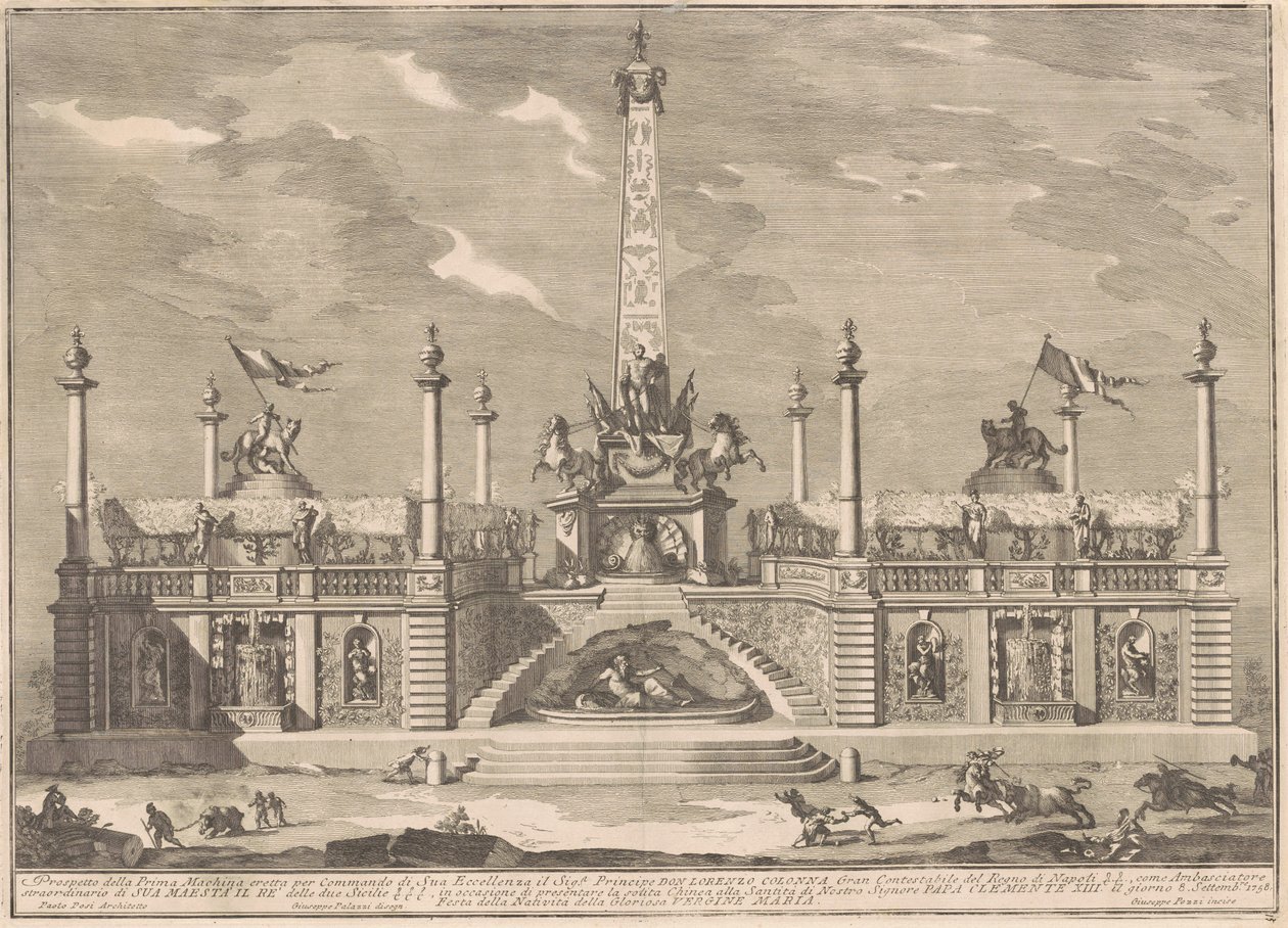 De Prima Macchina voor de Chinea van 1758: Een "Deliziosa" met hangende tuinen door after Giuseppe Palazzi Giuseppe Pozzi after Paolo Posi