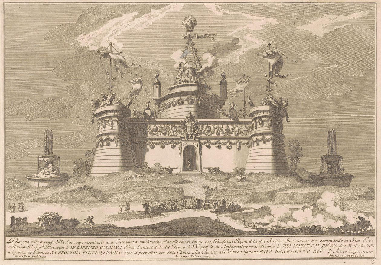 De Tweede Macchina voor de Chinea van 1757: Het Fort van Luilekkerland door after Giuseppe Palazzi Giuseppe Pozzi after Paolo Posi