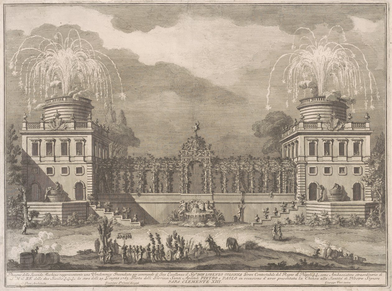 De Seconda Macchina voor de Chinea van 1763: De Druivenoogst door after Giuseppe Palazzi Giuseppe Vasi after Paolo Posi