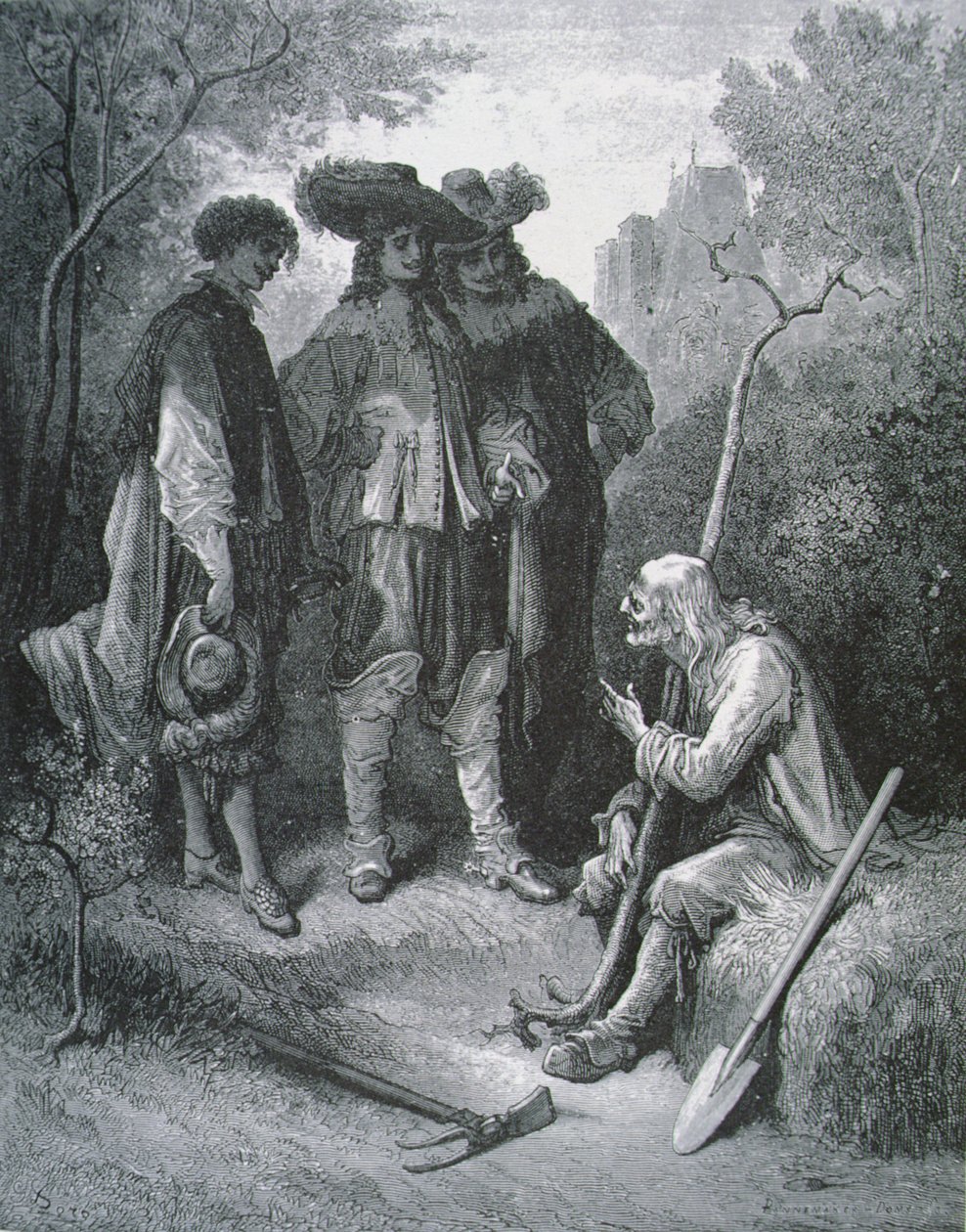 Illustratie voor De Oude Man en de Drie Jonge Mannen, uit Fabels van Jean de La Fontaine door Gustave after Dore
