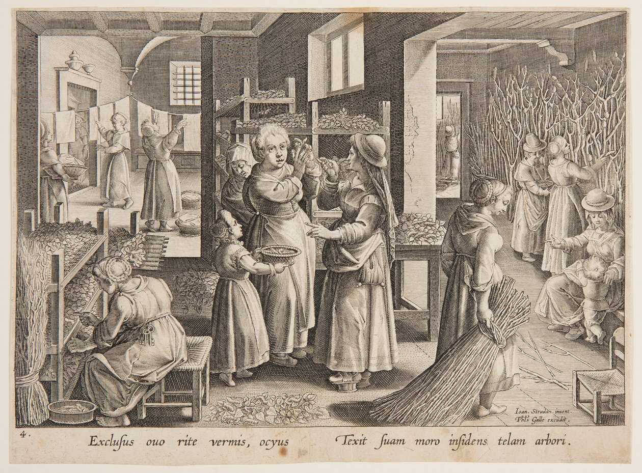 Moerbeibladeren voeren aan de zijderupsen door after Jan van der Straet, called Stradanus