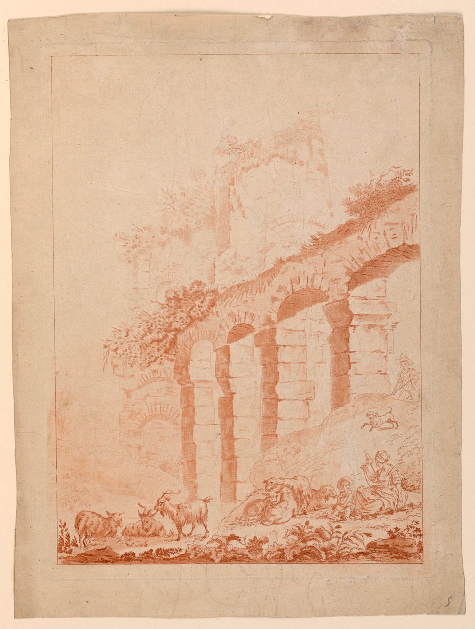 Geitenhoeders in landschap met ruïnes door after Jean Baptiste Huet