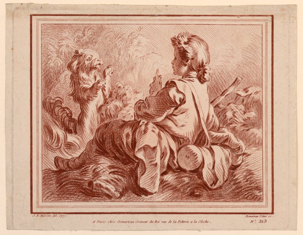 Zittende herder die met een hond speelt door after Jean Baptiste Huet