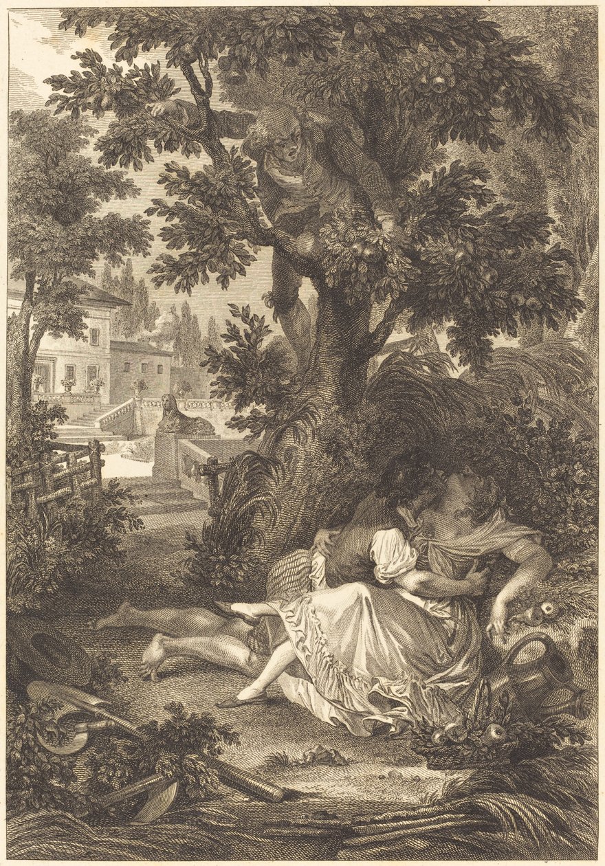 De weddenschap van de drie kletskousen: De perenboom door after Jean Baptiste Mallet