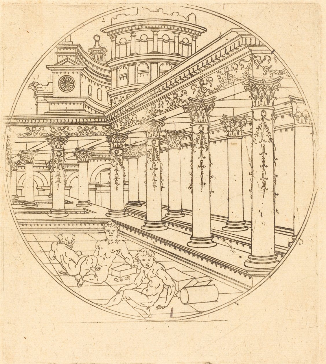 Drie Figuren in een Galerij door after Jean de Gourmont I