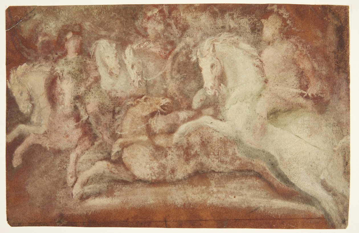 Slagscène met paarden en twee ruiters door after Lambert van Haven